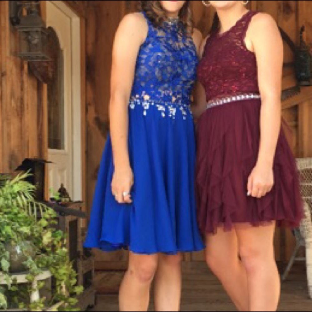 Blue homecoming dress with mesh and sequins.